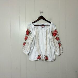 Johnny Was Linen Embroidered Peasant Blouse Floral Boho Top White Size M